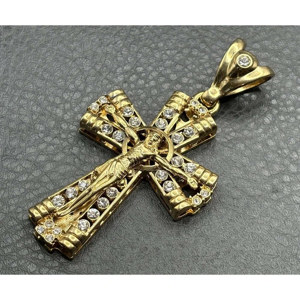 HUGE Gold Tone Crucifix Cross Pendant Jesus Clear Rhinestone Religious Jewelry